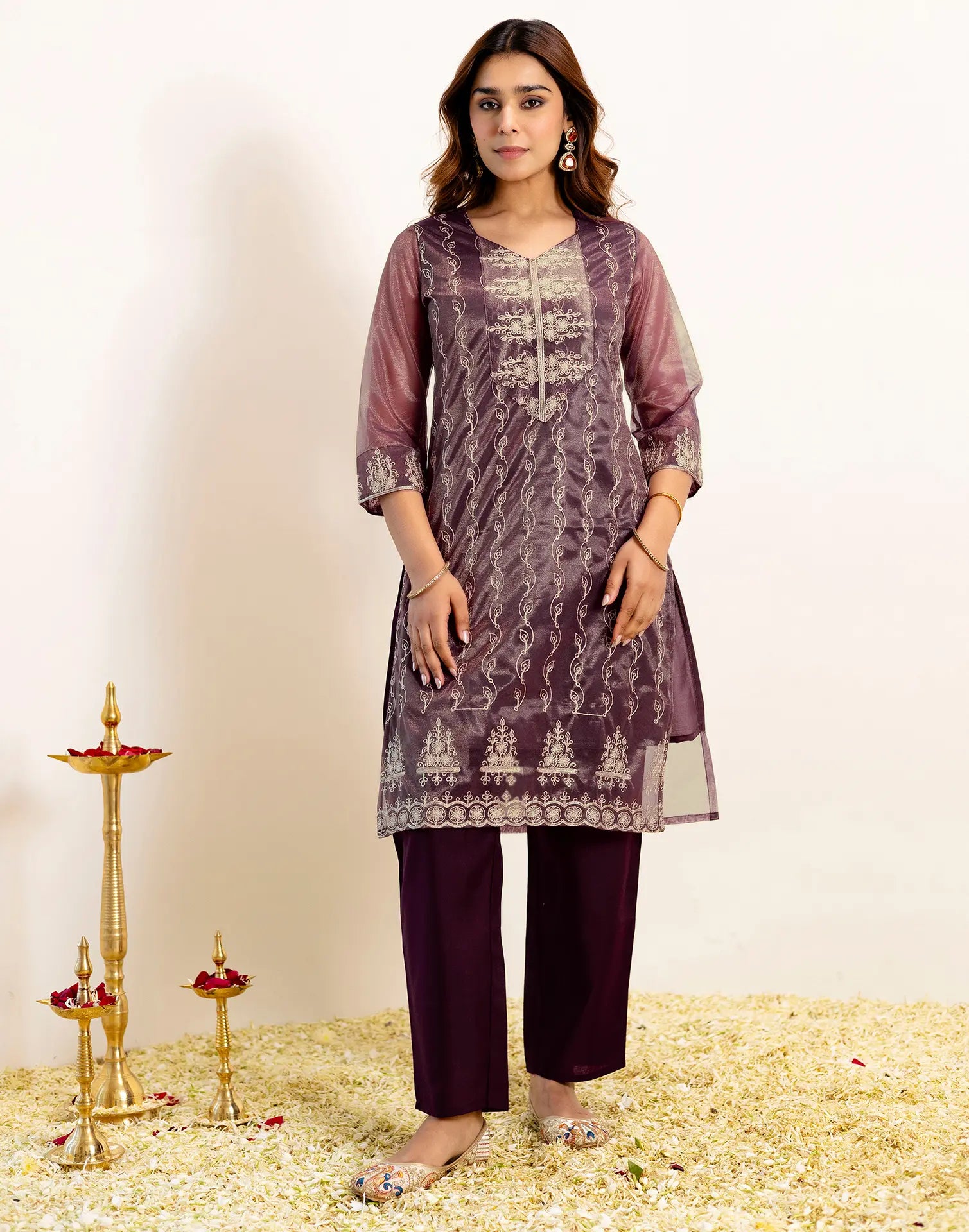 Skylee Net Embroidered Straight 3 Piece Kurta Set For Woman