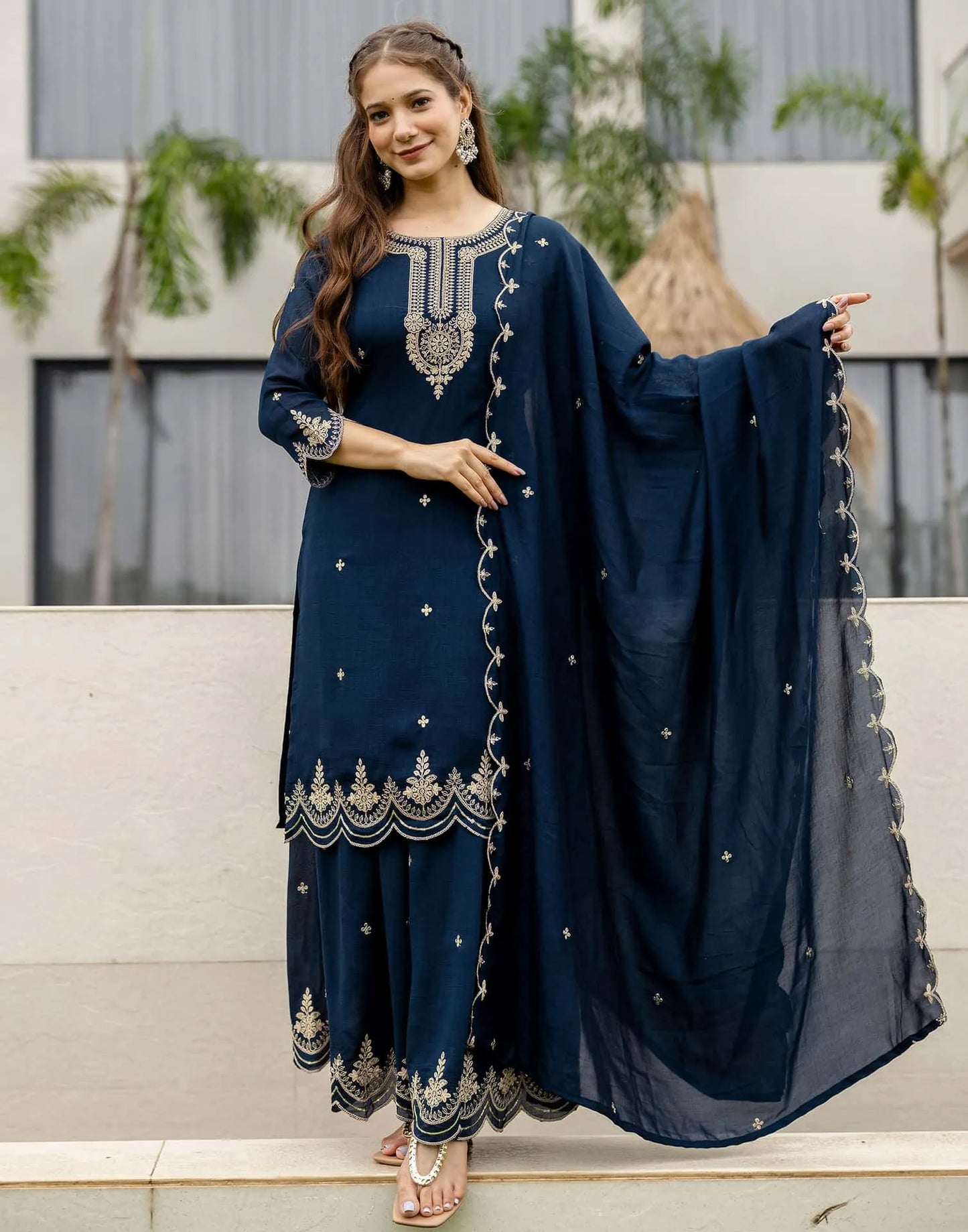 Silk Embroidered Straight Kurta with Pant & Dupatta