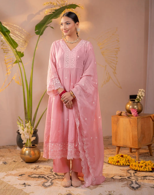 Baby Pink V-Neck Thread Embroidered Anarkali 3-Piece Kurta Set with Organza Dupatta