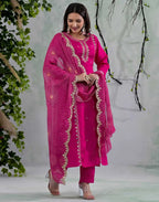 Skylee Silk Blend Embroidered Straight 3 Piece Kurta Set For Woman