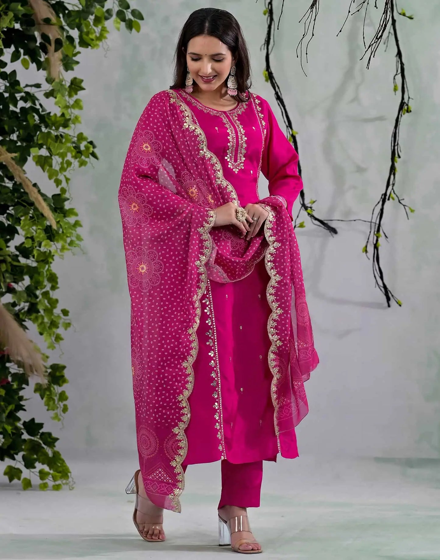 Skylee Pink Silk Embroidered Straight Kurta Set for Women