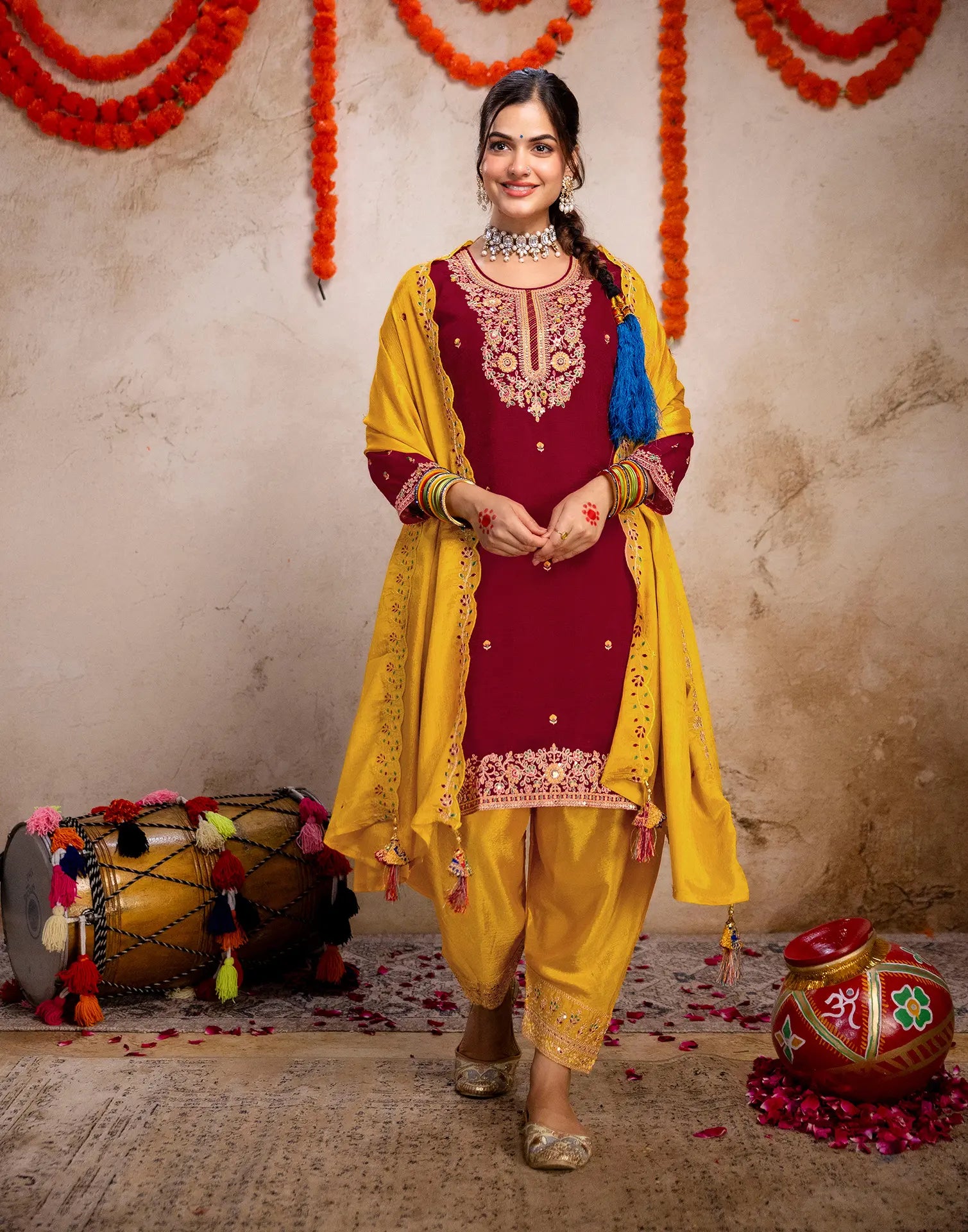 Blood Red, Sunflower Yellow Round Neck Embroidered Patiala Salwar 3 Piece Kurta Set with Dupatta