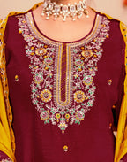 Blood Red, Sunflower Yellow Round Neck Embroidered Patiala Salwar 3 Piece Kurta Set with Dupatta