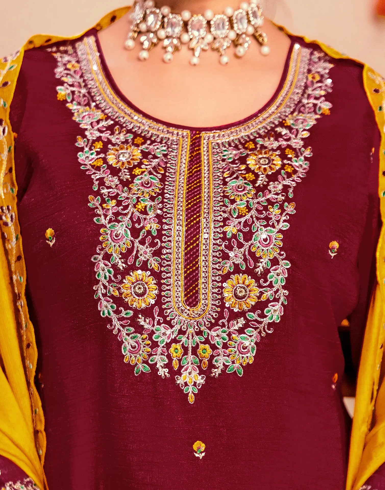 Blood Red, Sunflower Yellow Round Neck Embroidered Patiala Salwar 3 Piece Kurta Set with Dupatta