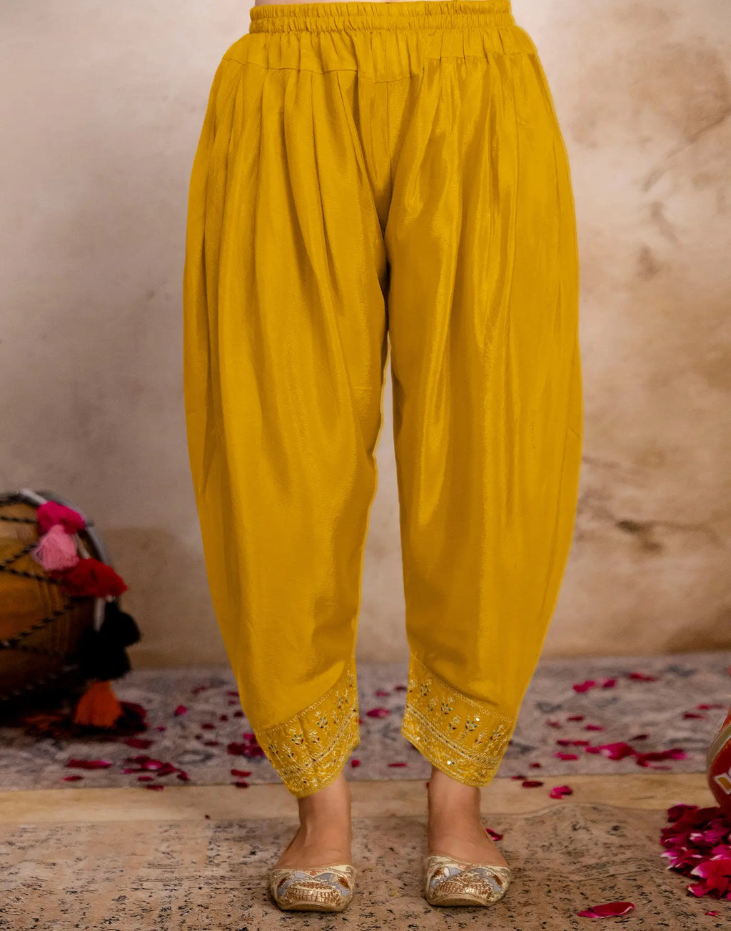 Blood Red, Sunflower Yellow Round Neck Embroidered Patiala Salwar 3 Piece Kurta Set with Dupatta