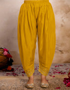 Blood Red, Sunflower Yellow Round Neck Embroidered Patiala Salwar 3 Piece Kurta Set with Dupatta