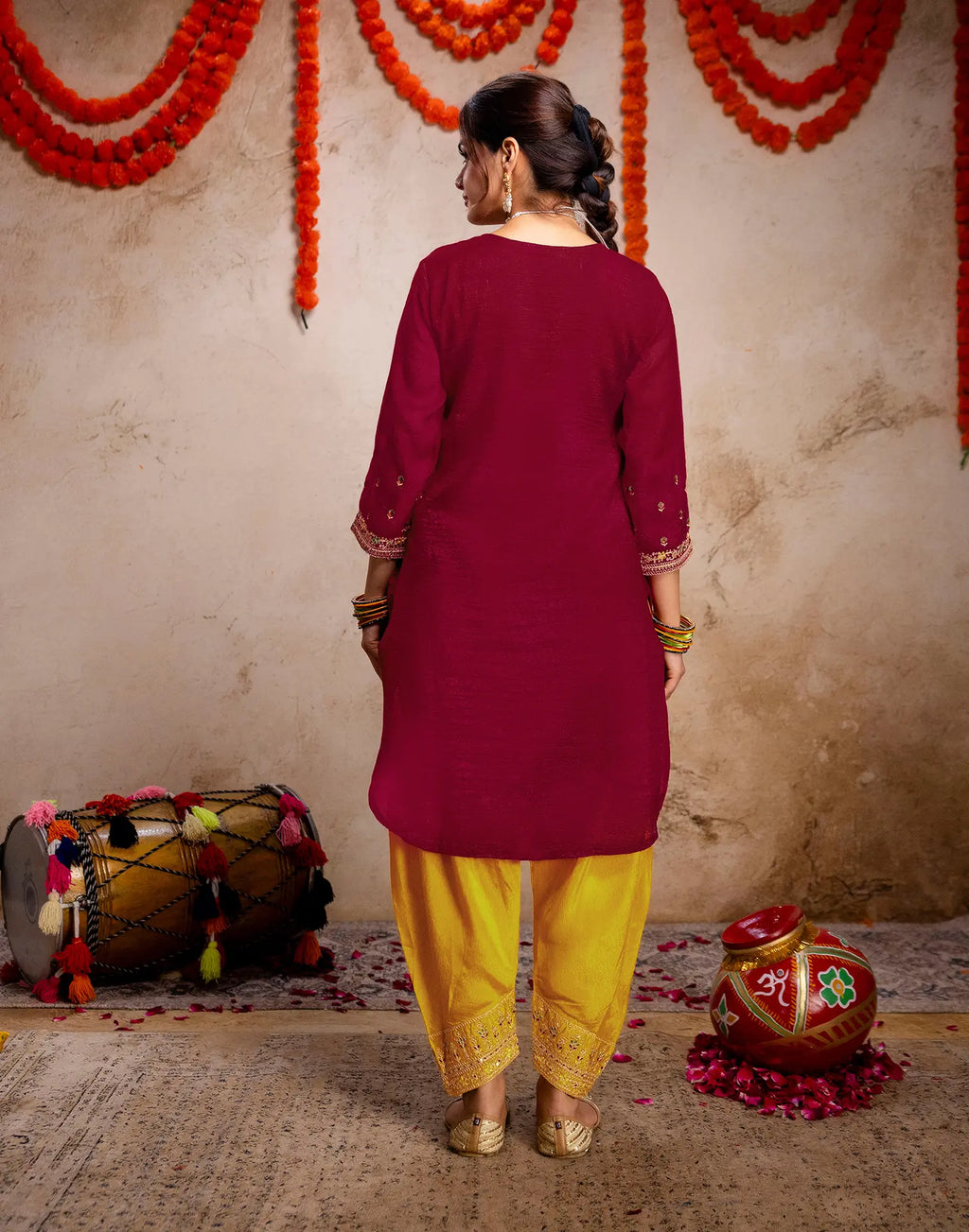 Blood Red, Sunflower Yellow Round Neck Embroidered Patiala Salwar 3 Piece Kurta Set with Dupatta