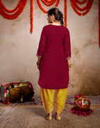 Blood Red, Sunflower Yellow Round Neck Embroidered Patiala Salwar 3 Piece Kurta Set with Dupatta