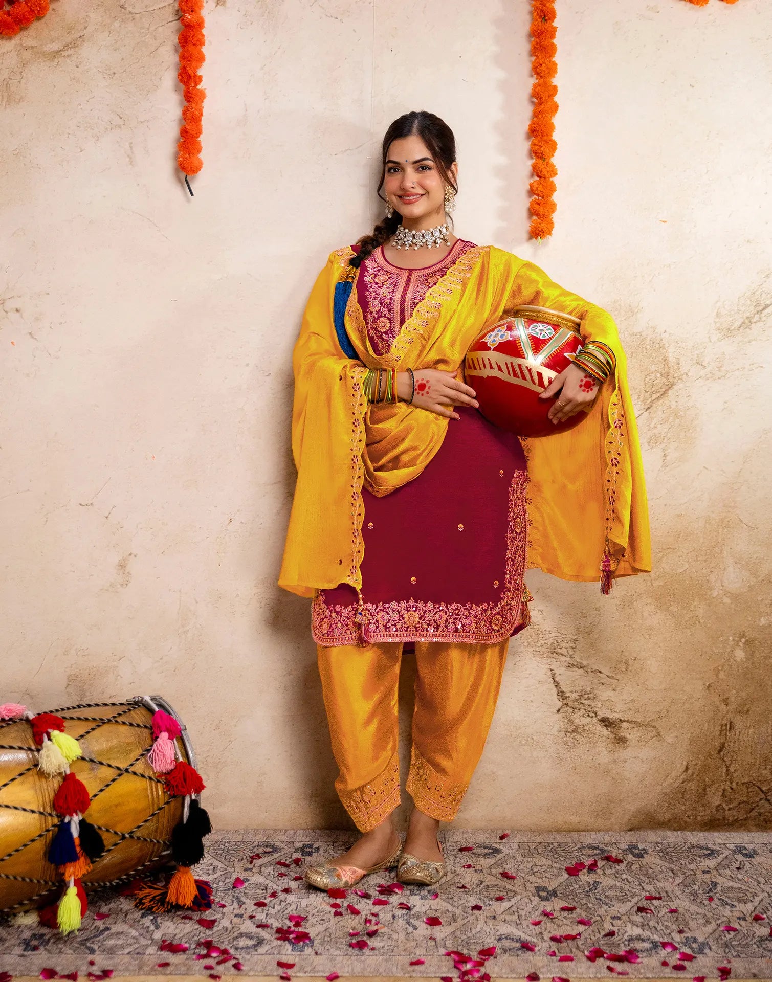 Blood Red, Sunflower Yellow Round Neck Embroidered Patiala Salwar 3 Piece Kurta Set with Dupatta