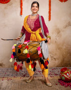 Blood Red, Sunflower Yellow Round Neck Embroidered Patiala Salwar 3 Piece Kurta Set with Dupatta