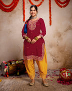 Blood Red, Sunflower Yellow Round Neck Embroidered Patiala Salwar 3 Piece Kurta Set with Dupatta