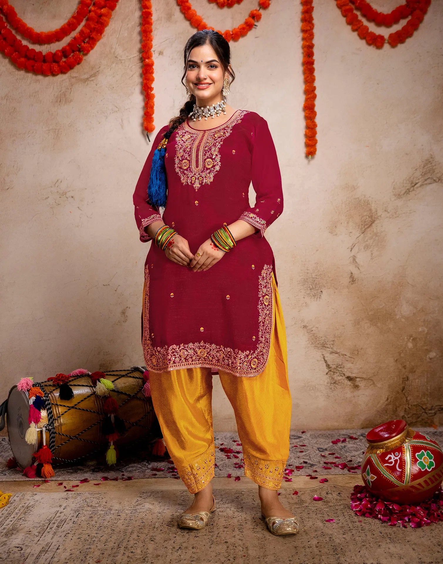 Blood Red, Sunflower Yellow Round Neck Embroidered Patiala Salwar 3 Piece Kurta Set with Dupatta