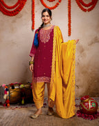 Blood Red, Sunflower Yellow Round Neck Embroidered Patiala Salwar 3 Piece Kurta Set with Dupatta