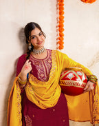 Blood Red, Sunflower Yellow Round Neck Embroidered Patiala Salwar 3 Piece Kurta Set with Dupatta