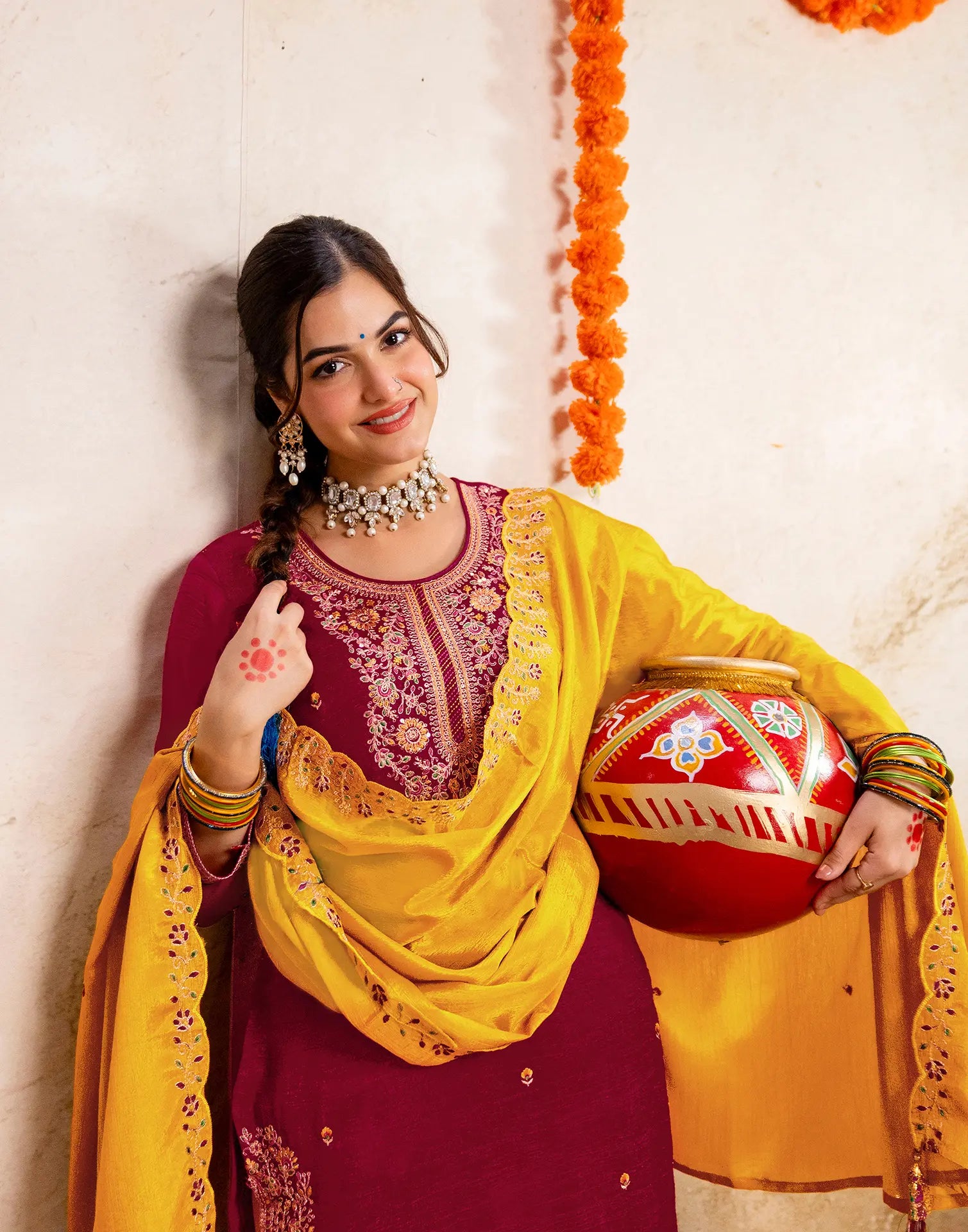 Blood Red, Sunflower Yellow Round Neck Embroidered Patiala Salwar 3 Piece Kurta Set with Dupatta