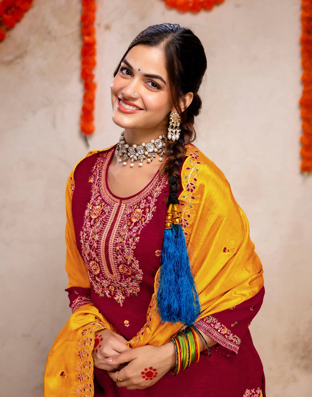 Blood Red, Sunflower Yellow Round Neck Embroidered Patiala Salwar 3 Piece Kurta Set with Dupatta