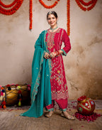 Crimson Red Round Neck Embroidered Patiala Salwar 3 Piece Kurta Set with Dupatta