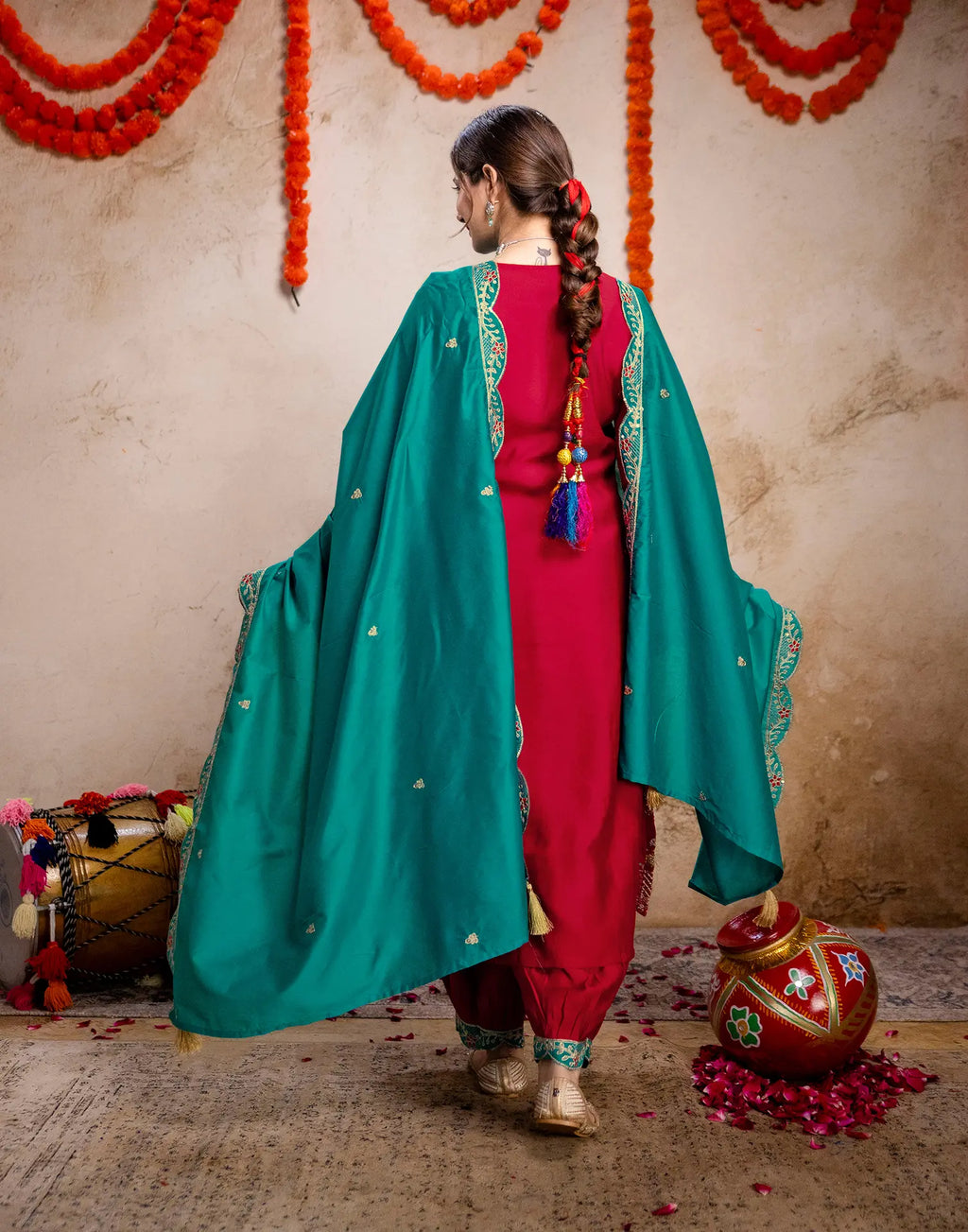 Crimson Red Round Neck Embroidered Patiala Salwar 3 Piece Kurta Set with Dupatta