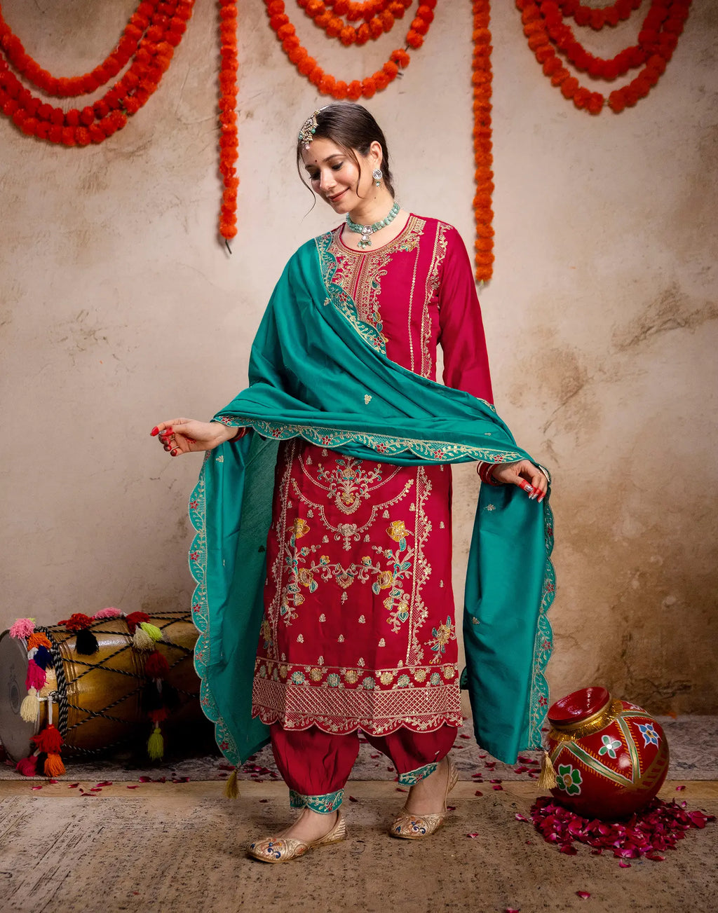 Crimson Red Round Neck Embroidered Patiala Salwar 3 Piece Kurta Set with Dupatta