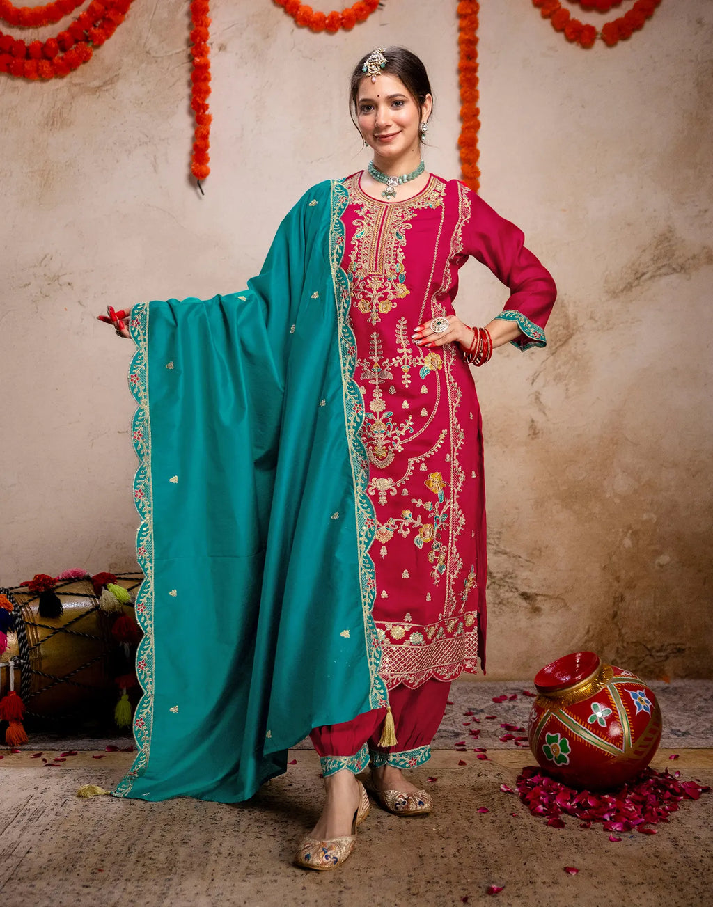 Crimson Red Round Neck Embroidered Patiala Salwar 3 Piece Kurta Set with Dupatta
