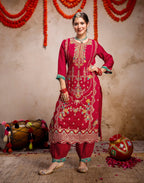 Crimson Red Round Neck Embroidered Patiala Salwar 3 Piece Kurta Set with Dupatta