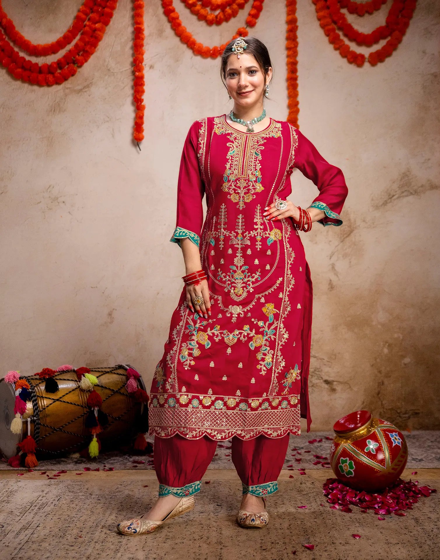 Crimson Red Round Neck Embroidered Patiala Salwar 3 Piece Kurta Set with Dupatta