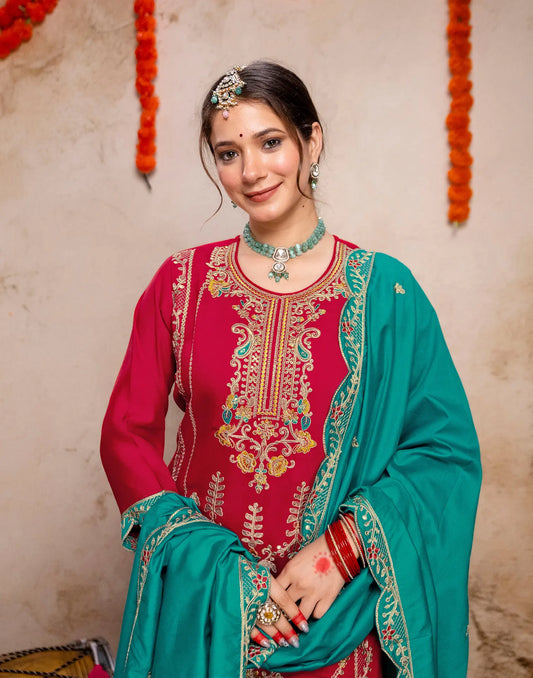 Crimson Red Round Neck Embroidery Patiala Salwar 3 Piece Kurta Set With Dupatta
