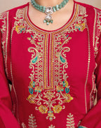 Crimson Red Round Neck Embroidered Patiala Salwar 3 Piece Kurta Set with Dupatta