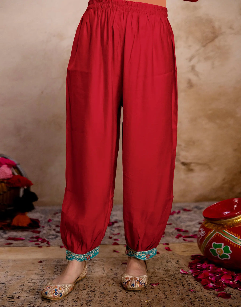 Crimson Red Round Neck Embroidered Patiala Salwar 3 Piece Kurta Set with Dupatta