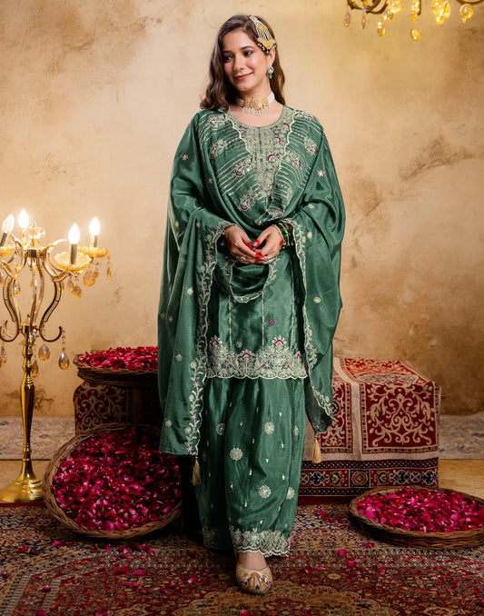 Emerald Green Round Neck Embroidery Sharara 3 Piece Kurta Set With Dupatta