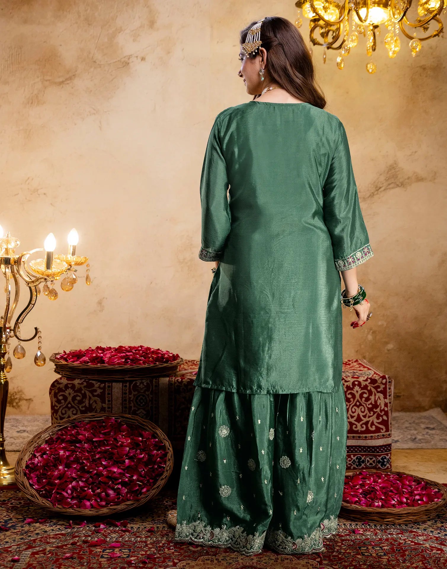 Emerald Green Round Neck Embroidered Sharara 3 Piece Kurta Set with Dupatta