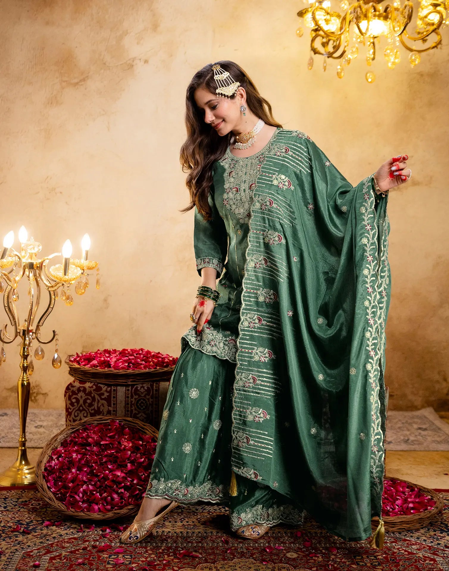 Emerald Green Round Neck Embroidered Sharara 3 Piece Kurta Set with Dupatta