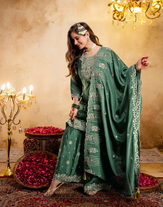 Emerald Green Round Neck Embroidery Sharara 3 Piece Kurta Set With Dupatta
