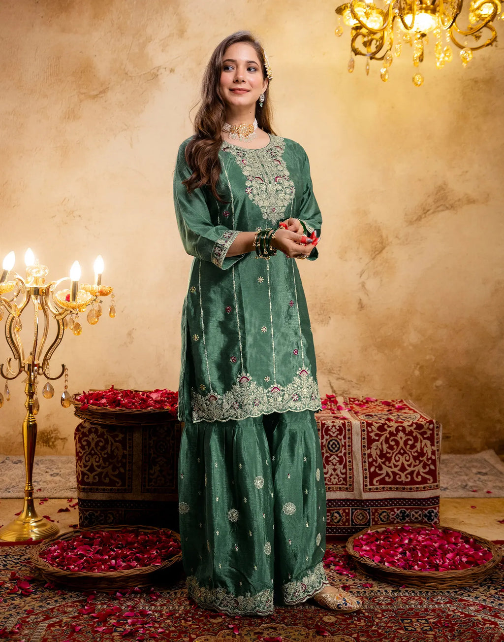 Emerald Green Round Neck Embroidered Sharara 3 Piece Kurta Set with Dupatta