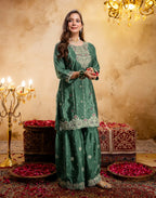 Emerald Green Round Neck Embroidered Sharara 3 Piece Kurta Set with Dupatta