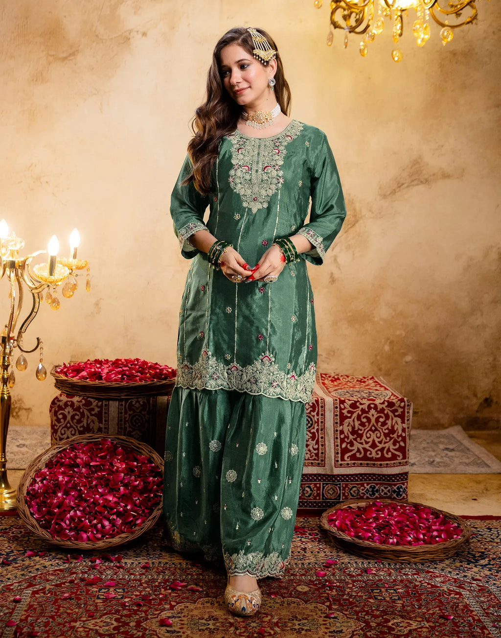 Emerald Green Round Neck Embroidered Sharara 3 Piece Kurta Set with Dupatta