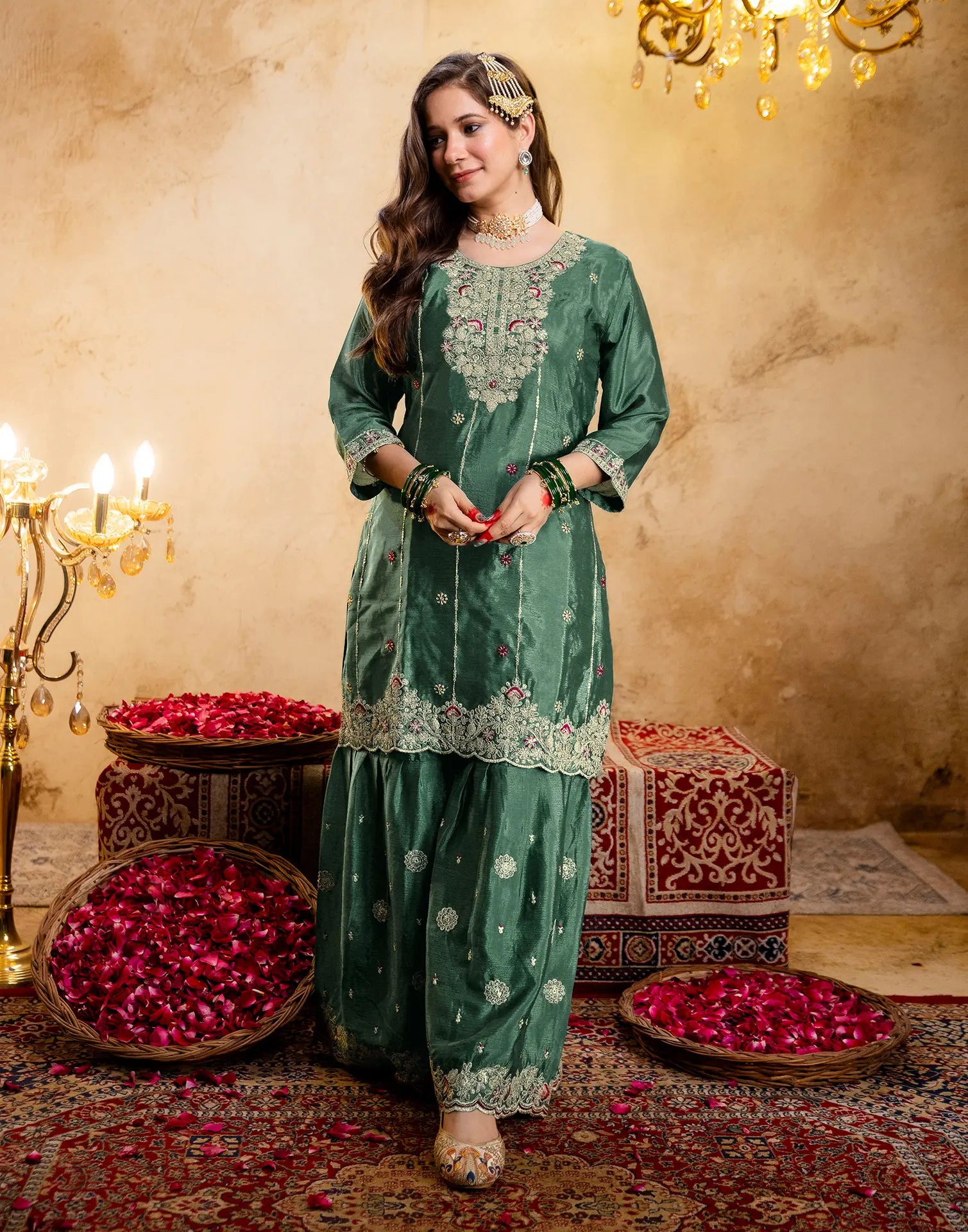 Emerald Green Round Neck Embroidered Sharara 3 Piece Kurta Set with Dupatta