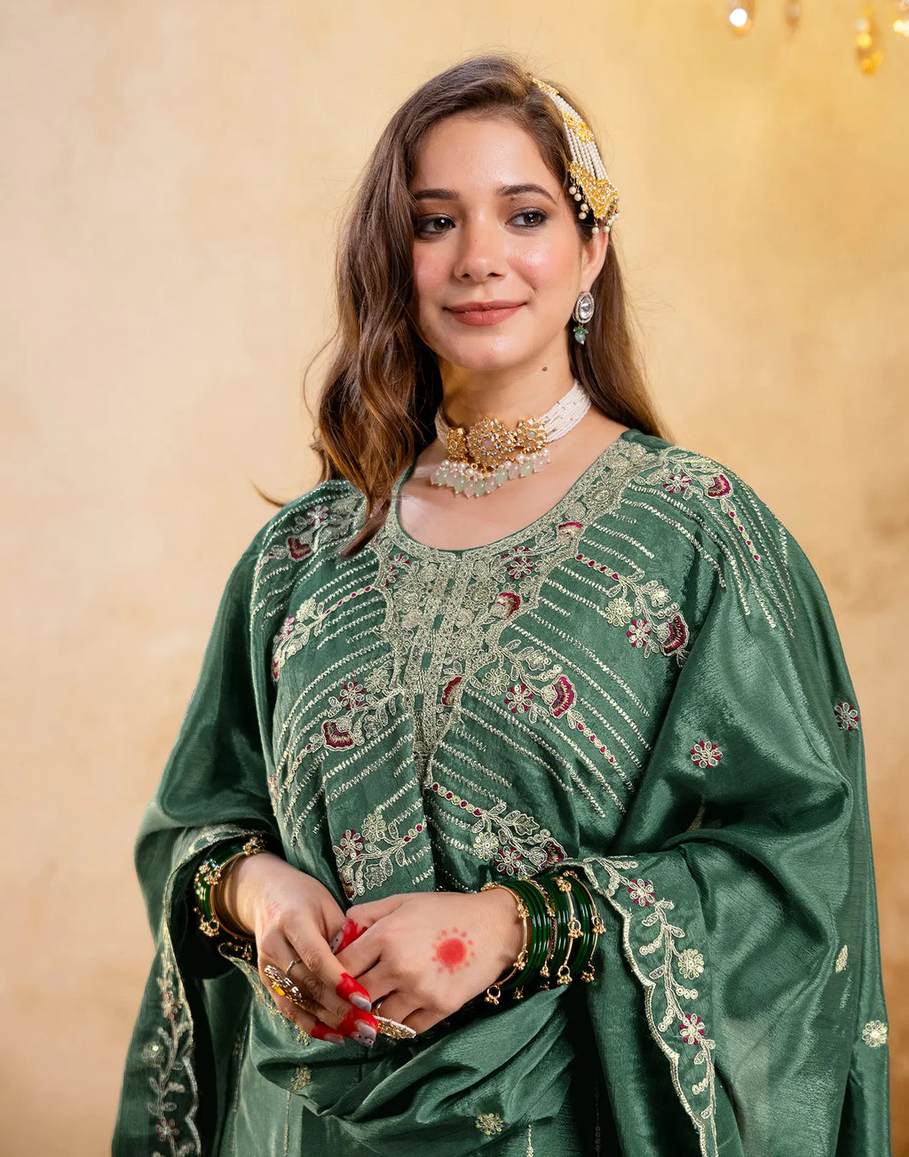Emerald Green Round Neck Embroidered Sharara 3 Piece Kurta Set with Dupatta