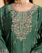 Emerald Green Round Neck Embroidered Sharara 3 Piece Kurta Set with Dupatta