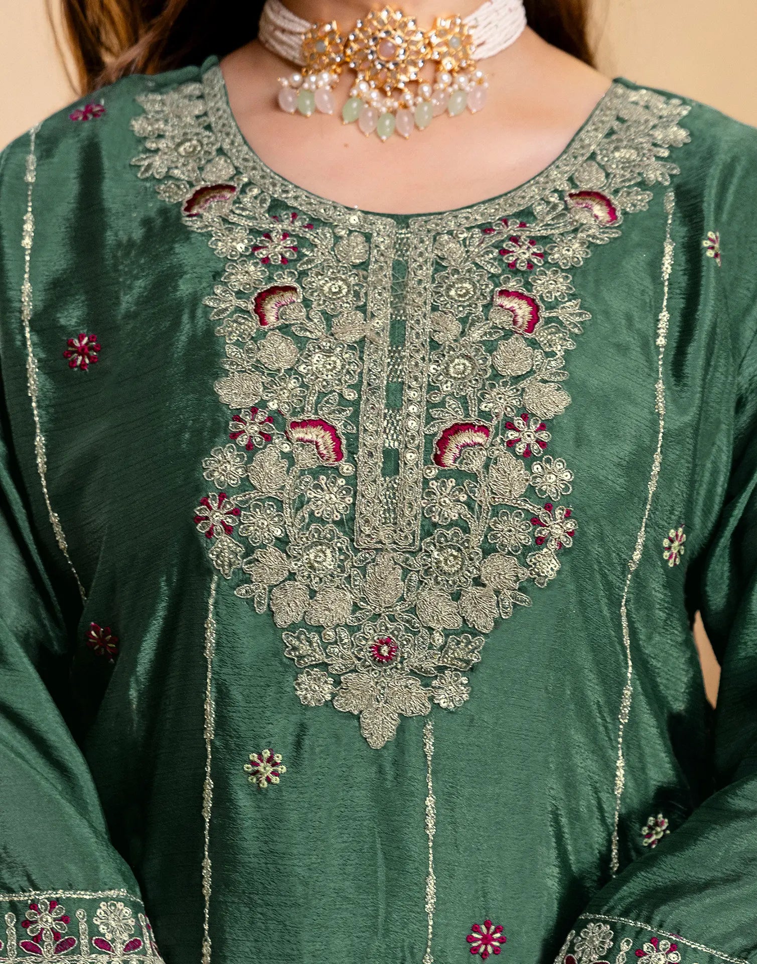 Emerald Green Round Neck Embroidered Sharara 3 Piece Kurta Set with Dupatta