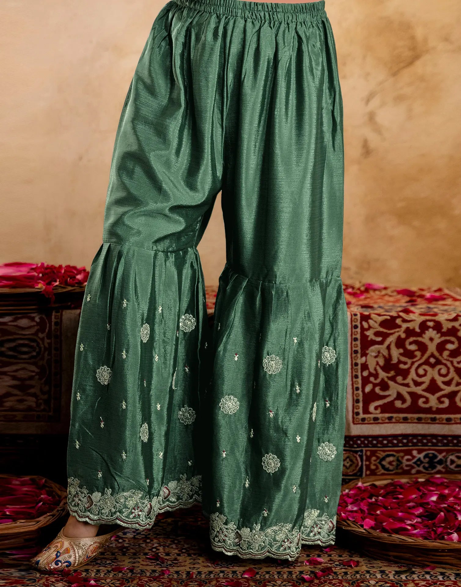 Emerald Green Round Neck Embroidered Sharara 3 Piece Kurta Set with Dupatta