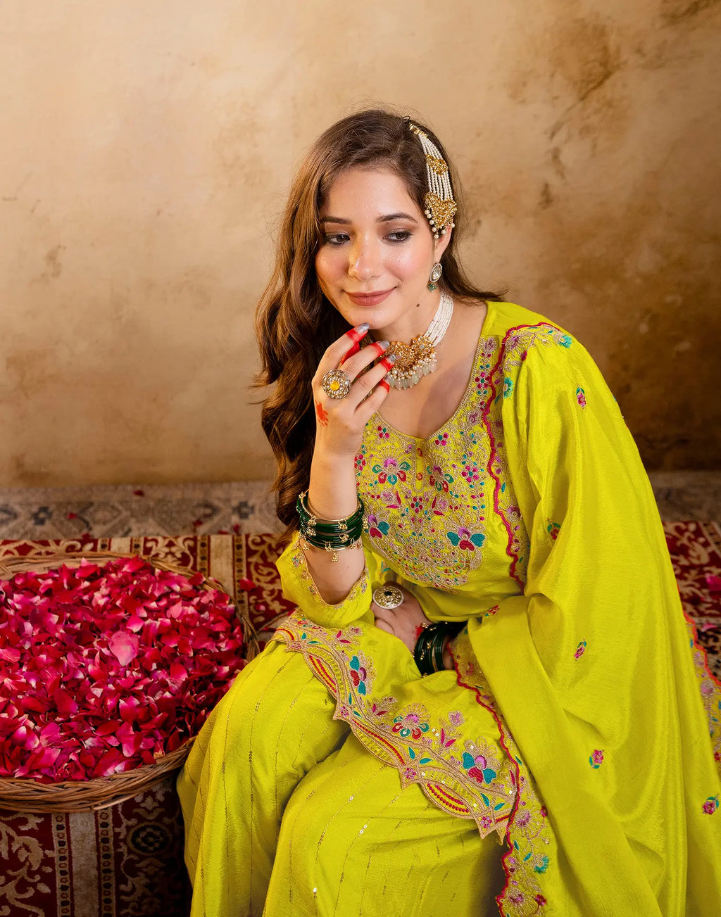 Laser Yellow Round Neck Embroidered Palazzo 3 Piece Kurta Set with Dupatta