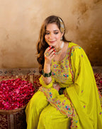 Laser Yellow Round Neck Embroidered Palazzo 3 Piece Kurta Set with Dupatta