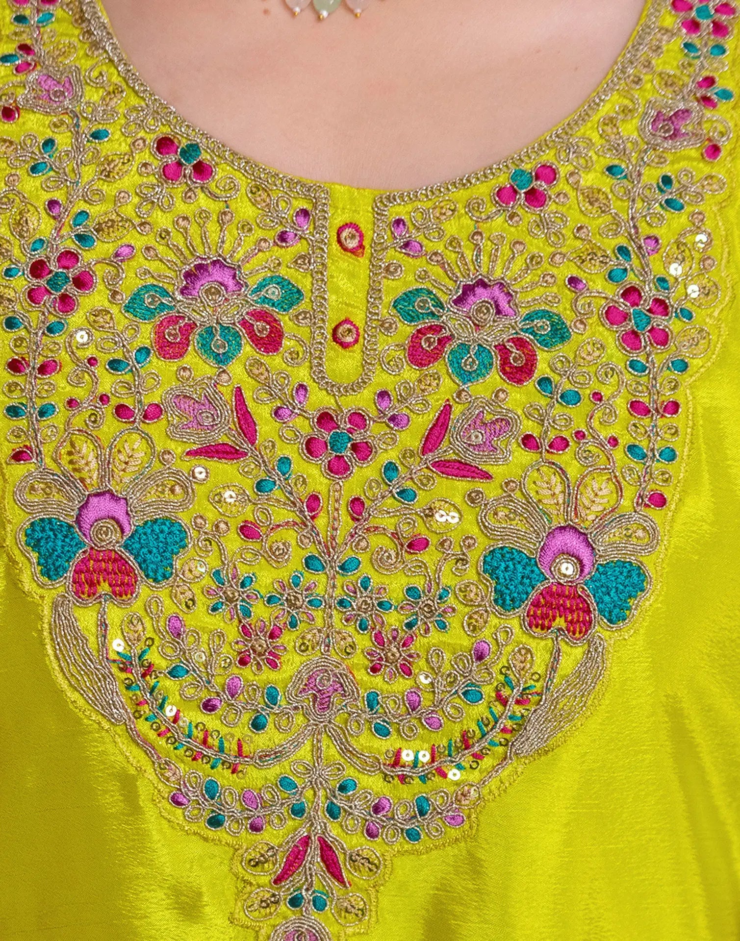Laser Yellow Round Neck Embroidered Palazzo 3 Piece Kurta Set with Dupatta