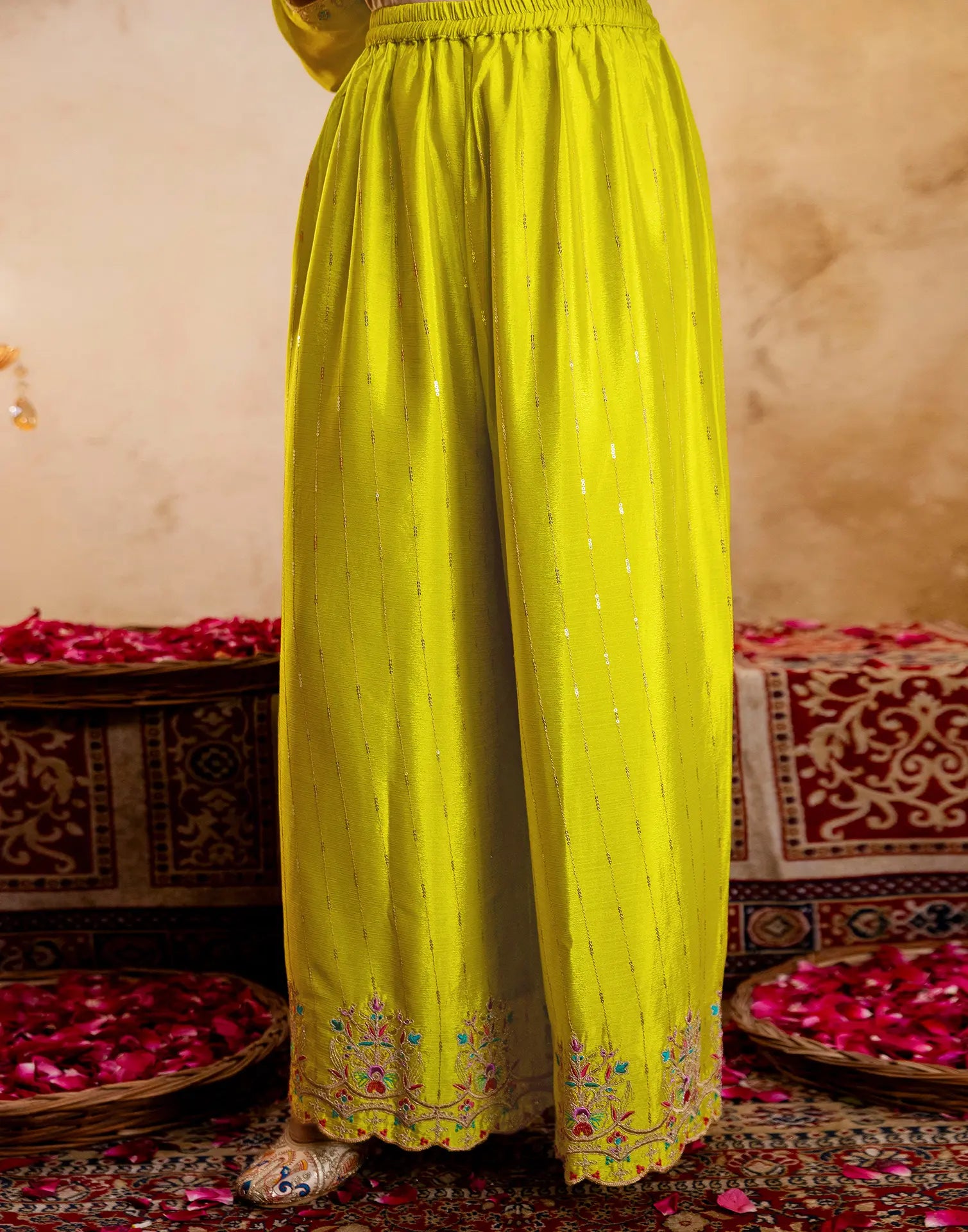 Laser Yellow Round Neck Embroidered Palazzo 3 Piece Kurta Set with Dupatta