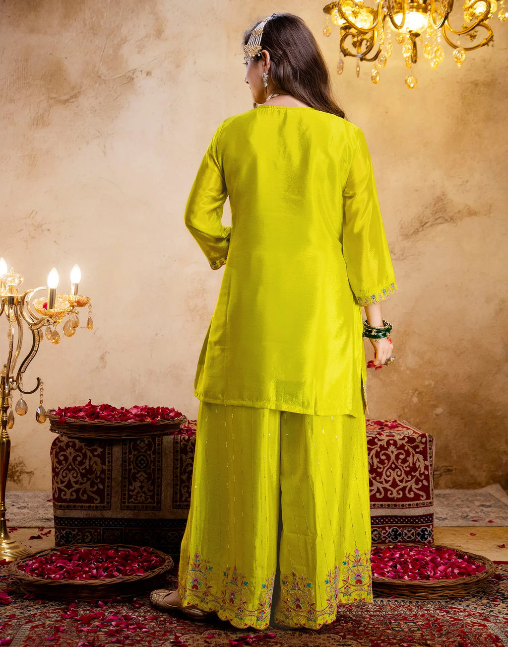 Laser Yellow Round Neck Embroidered Palazzo 3 Piece Kurta Set with Dupatta