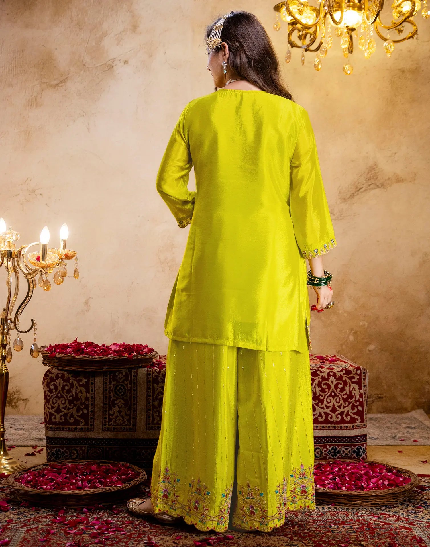 Laser Yellow Round Neck Embroidered Palazzo 3 Piece Kurta Set with Dupatta