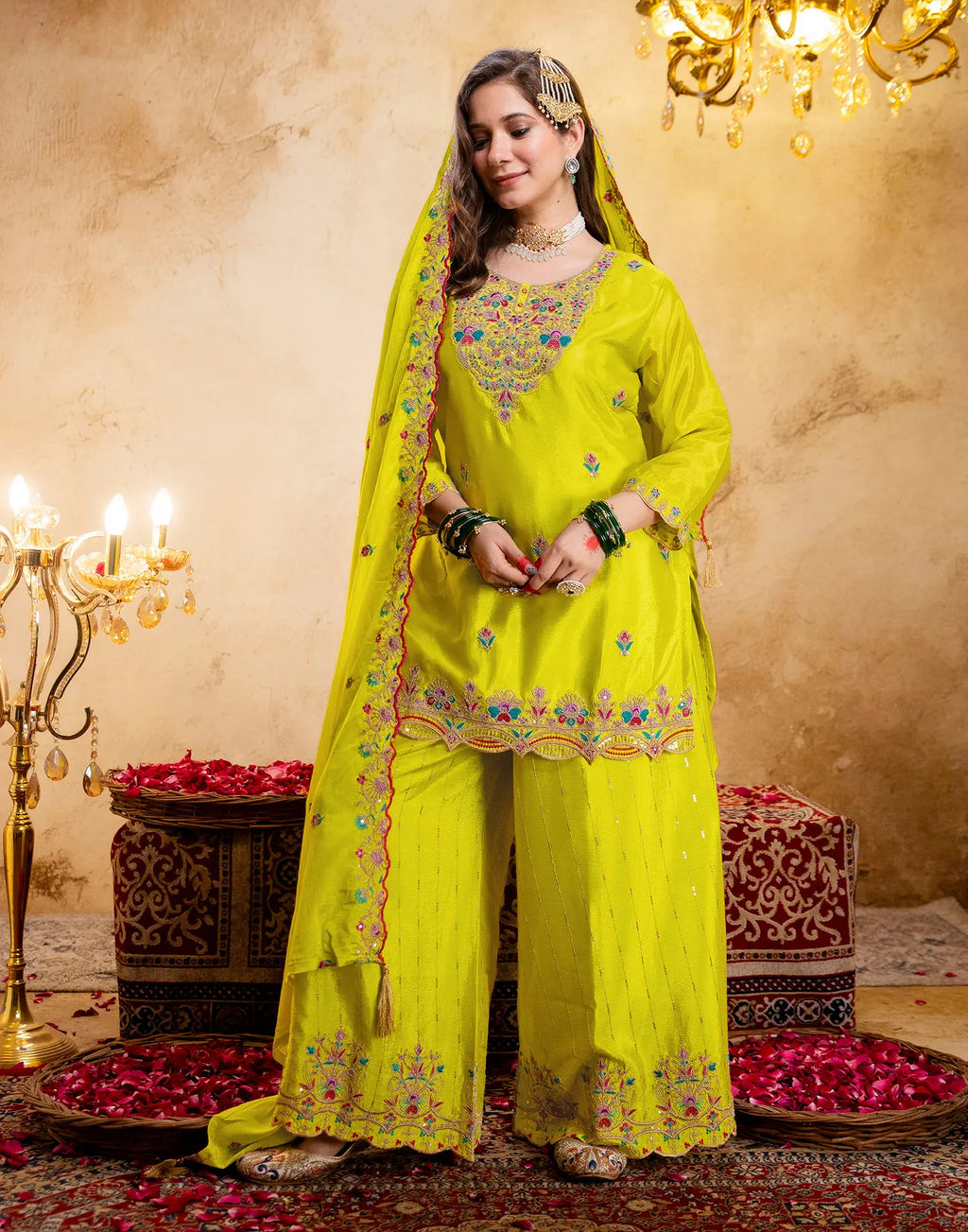 Laser Yellow Round Neck Embroidered Palazzo 3 Piece Kurta Set with Dupatta