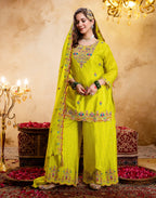 Laser Yellow Round Neck Embroidered Palazzo 3 Piece Kurta Set with Dupatta