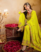 Laser Yellow Round Neck Embroidered Palazzo 3 Piece Kurta Set with Dupatta
